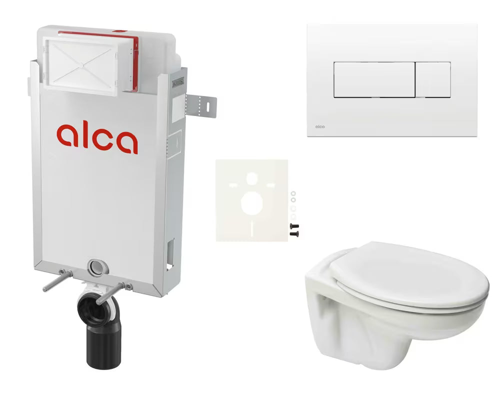 Pakabinami WC komplektas S-Line Pro su įmūrijamu moduliu ir bakeliu Alca, minimalistinio dizaino