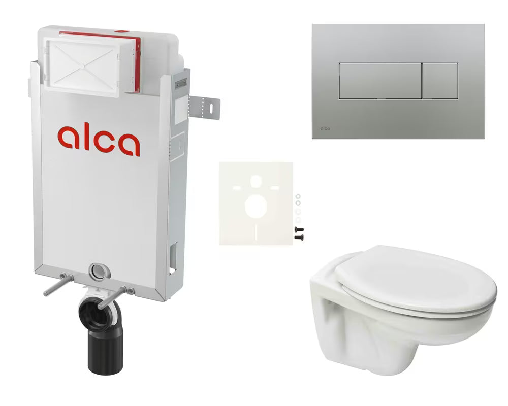 Pakabinami WC komplektas S-Line Pro su įmūrijamu moduliu, bakeliu Alca ir matinio chromo nuleidimo mygtuku