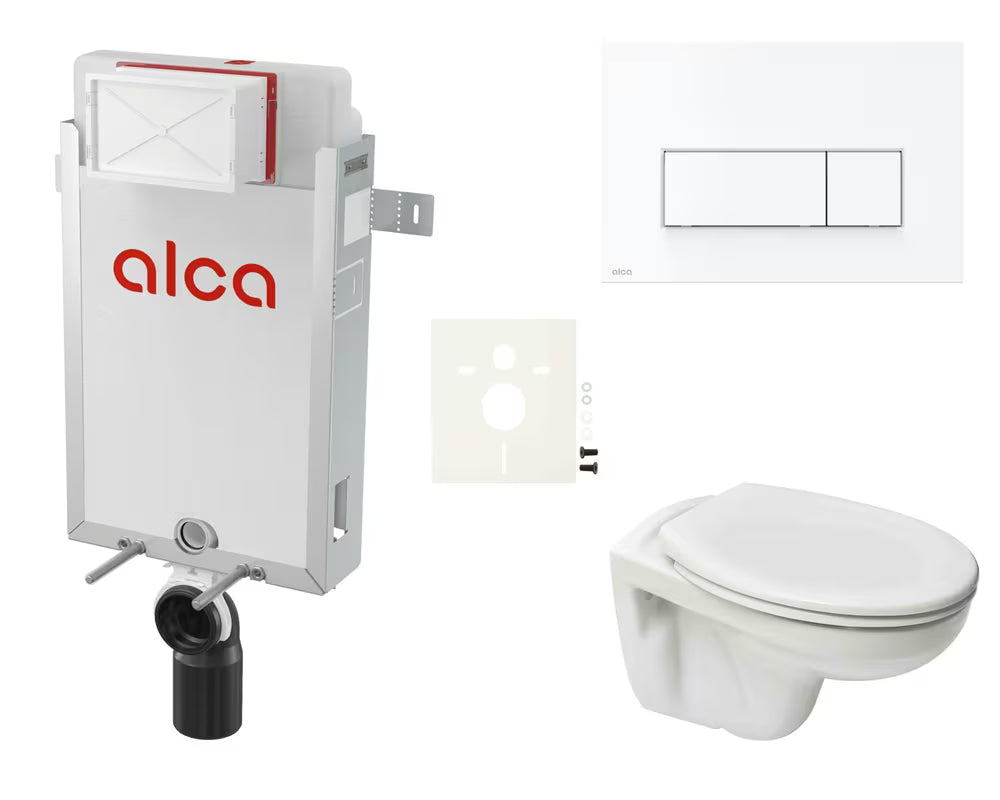 Pakabinami WC komplektas S-Line Pro su įmūrijamu moduliu, integruotu bakeliu ir baltu nuleidimo mygtuku.