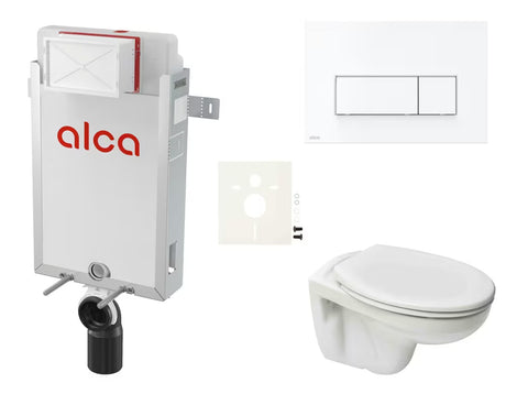 Pakabinami WC komplektas S-Line Pro su įmūrijamu moduliu, integruotu bakeliu ir baltu nuleidimo mygtuku.