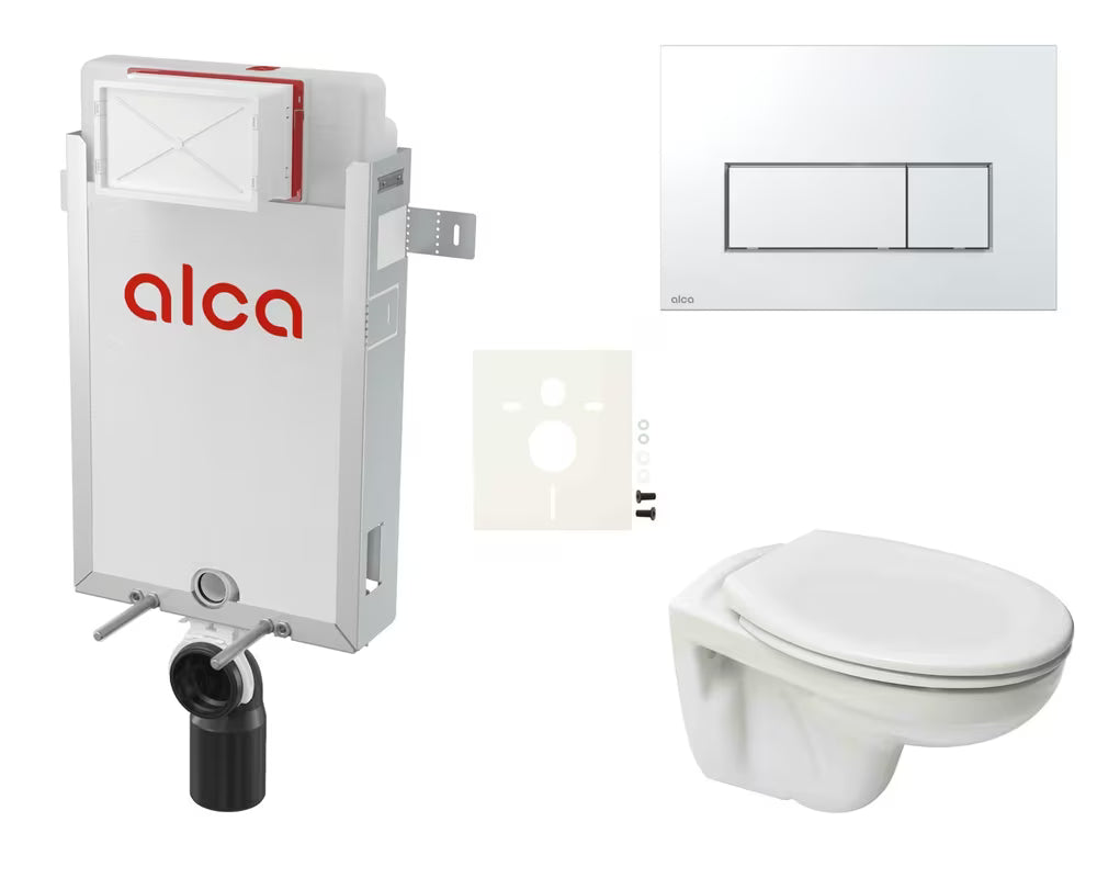 Pakabinami WC komplektas S-Line Pro montuoti į sieną su paslėptu bakeliu ir blizgaus chromo valdymo mygtuku.