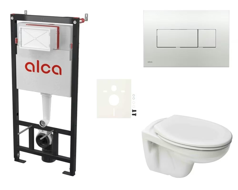 Pakabinami WC komplektas S-Line Pro su Rimless nuplovimu, moduliu lengvoms sienoms ir chromuotu mygtuku.