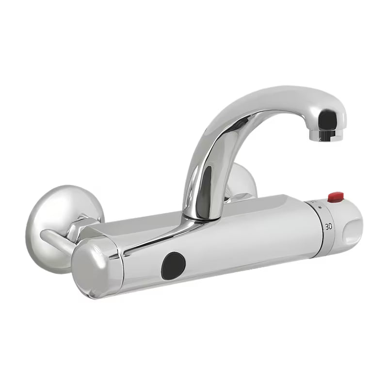 Chromuotas sieninė termostatinė praustuvo maišytuvas Sanela Chrome su jutikliu su pasukamu snapu.