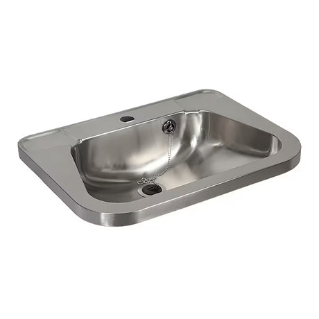Pakabinami nerūdijančio plieno praustuvas Sanela Supersteel 56 x 42 cm su anga pro pastatomam maišytuvui ir persipylimu