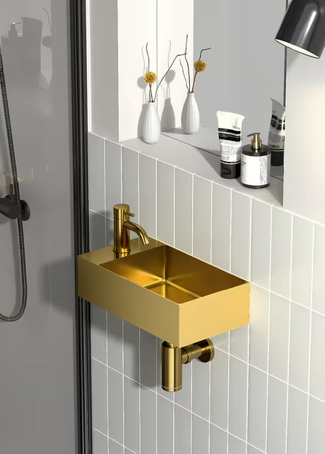 Pakabinami nerūdijančio plieno mažas praustuvas SAT Aurum 36,5 x 18 cm, šlifuoto aukso spalvos
