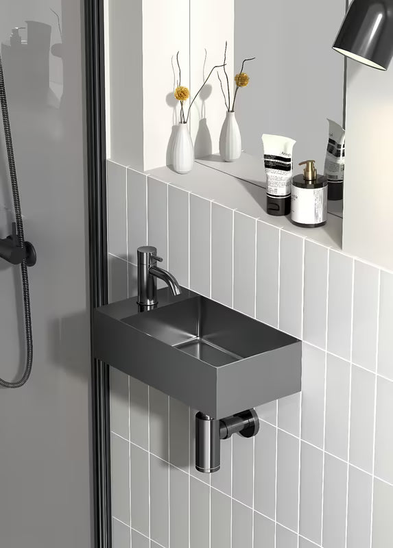 Pakabinami nerūdijančio plieno mažas praustuvas SAT Aurum 36,5 x 18 cm, spalva gun metal