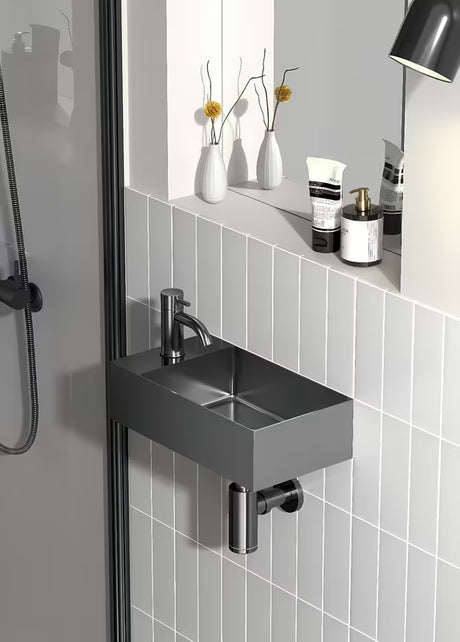 Pakabinami nerūdijančio plieno mažas praustuvas SAT Aurum 36,5 x 18 cm, spalva gun metal