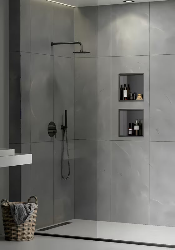 Įleidžiama lentynėlė SAT Aurum, spalva gun metal, iš 304 nerūdijančio plieno pro moderniam vonios kambariui