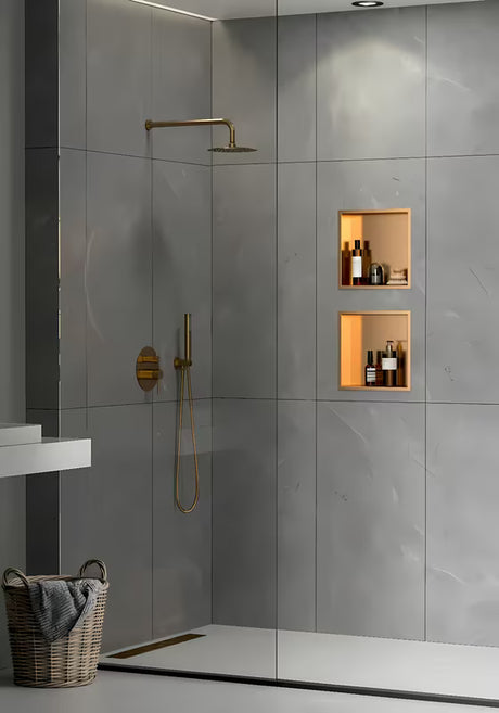 Dušo niša SAT Aurum iš nerūdijančio plieno, šlifuoto rose gold atspalvio, su rėmeliu
