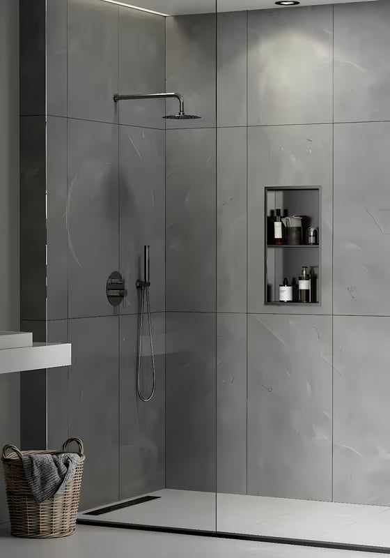 Dušo niša SAT Aurum iš 304 nerūdijančiojo plieno, gun metal spalvos, su rėmu ir antra lentynėle