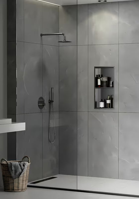 Dušo niša SAT Aurum iš 304 nerūdijančiojo plieno, gun metal spalvos, su rėmu ir antra lentynėle
