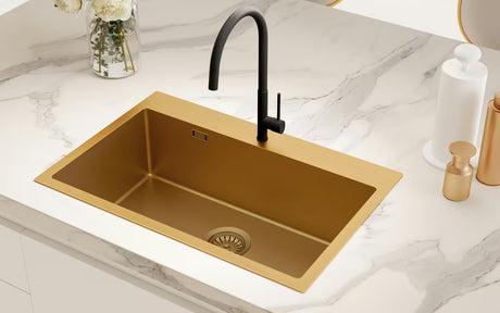 Nerūdijančio plieno virtuvinė plautuvė SAT Aurum, gold apdaila, pro montavimas ant stalviršio 