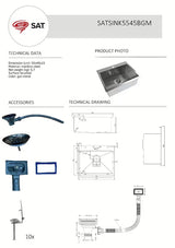 Nerūdijančio plieno virtuvinė vieno dubens plautuvė SAT Aurum gun metal, pro montavimas ant stalviršio , be nusausinimo plokštumos