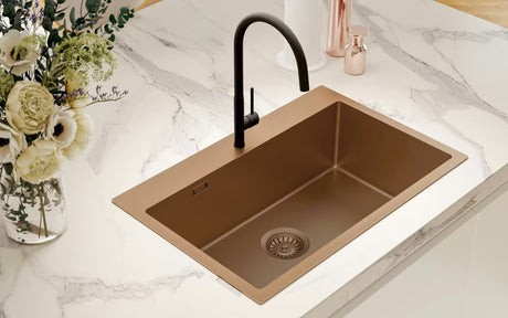 Virtuvinė vieno dubens plautuvė SAT Aurum rose gold iš šlifuoto nerūdijančio plieno pro montavimas ant stalviršio 