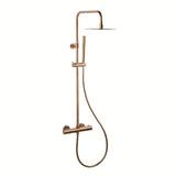Dušo sistema SAT Aurum su termostatiniu maišytuvu rose gold brushed apdailos, su viršutiniu ir rankiniu dušu.