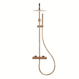 Dušo sistema SAT Aurum su termostatiniu maišytuvu rose gold brushed apdailos, su viršutiniu ir rankiniu dušu.