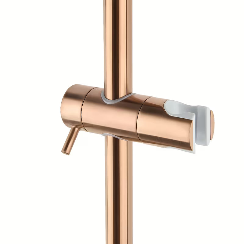 Dušo sistema SAT Aurum su termostatiniu maišytuvu rose gold brushed apdailos, su viršutiniu ir rankiniu dušu.