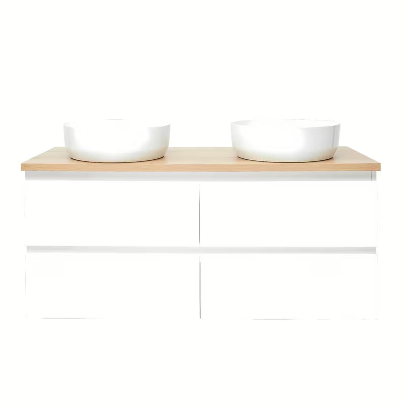 Pakabinama spintelė su praustuvais SAT B-Way, baltos spalvos, blizgaus paviršiaus, su uždengimo plokšte ąžuolo dekoro