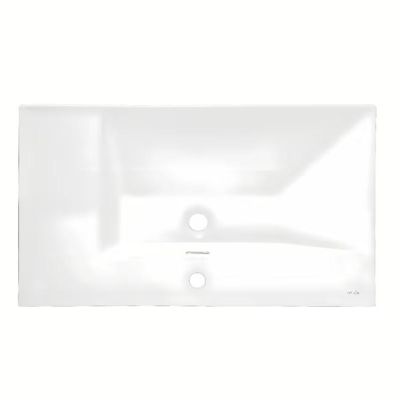 Baltas keraminis baldinis praustuvas SAT B-Way 81x46 cm, su daiktų pasidėjimo zona dešinėje ir anga pro maišytuvui centre.
