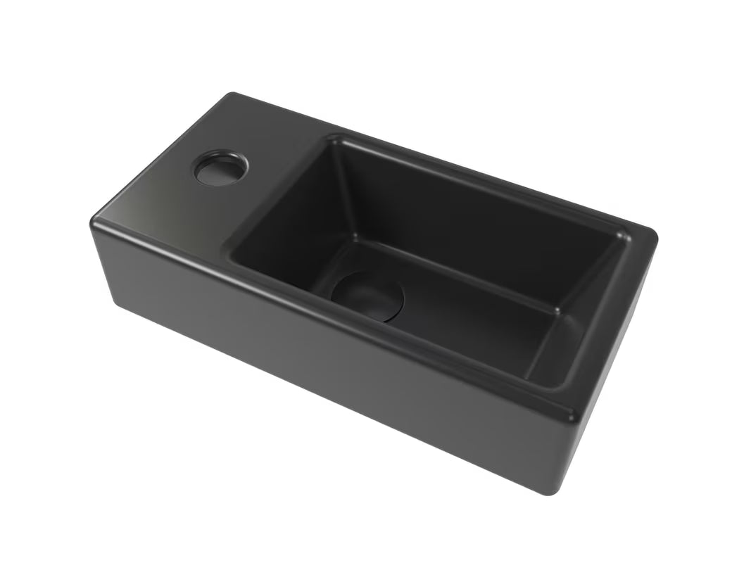 Pakabinami mažas praustuvas SAT Brevis 40,5x20,5 cm, matinės juodos spalvos, su kaire anga pro maišytuvui.