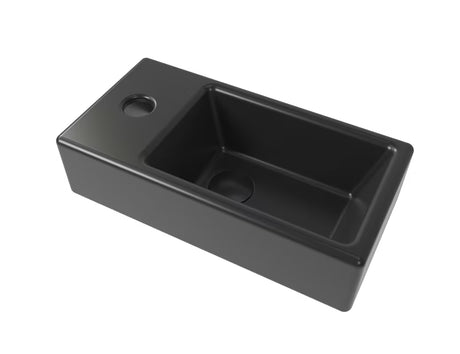 Pakabinami mažas praustuvas SAT Brevis 40,5x20,5 cm, matinės juodos spalvos, su kaire anga pro maišytuvui.