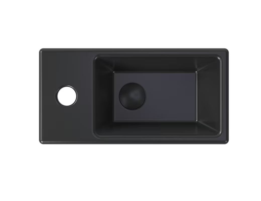 Pakabinami mažas praustuvas SAT Brevis 40,5x20,5 cm, matinės juodos spalvos, su kaire anga pro maišytuvui.