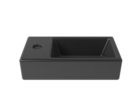Pakabinami mažas praustuvas SAT Brevis 40,5x20,5 cm, matinės juodos spalvos, su kaire anga pro maišytuvui.