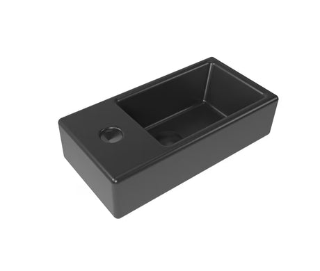 Pakabinami mažas praustuvas SAT Brevis 40,5x20,5 cm, juodos matinės spalvos, su anga maišytuvui kairėje pro.