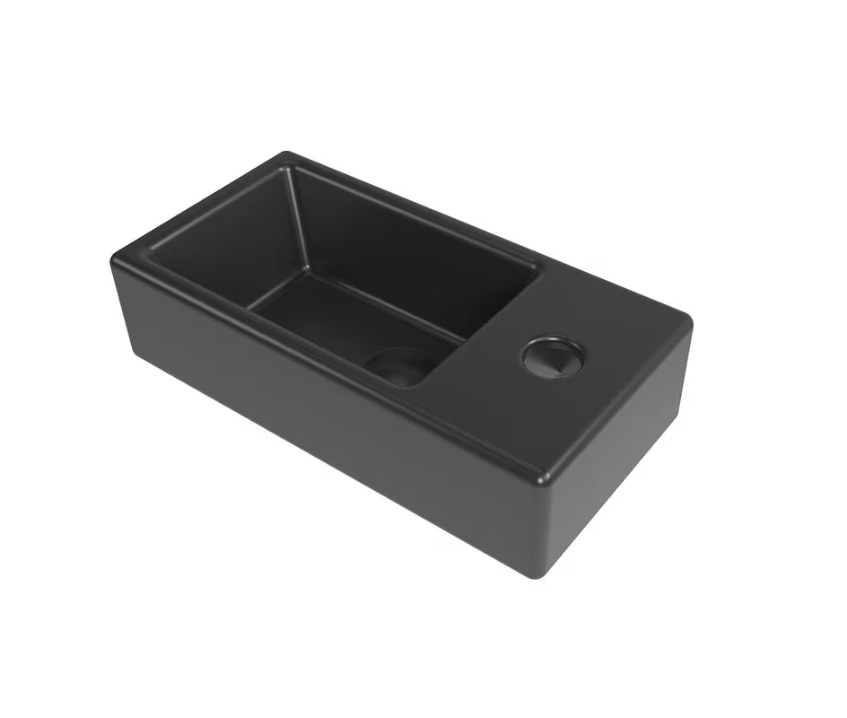Pakabinami keraminis mažas praustuvas SAT Brevis 40,5x20,5 cm, matinės juodos spalvos, su anga maišytuvui dešinėje pro.