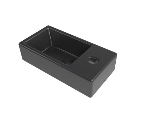 Pakabinami keraminis mažas praustuvas SAT Brevis 40,5x20,5 cm, matinės juodos spalvos, su anga maišytuvui dešinėje pro.