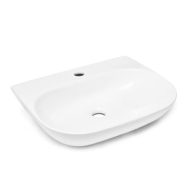 Baltas pakabinami keraminis praustuvas SAT Brevis 50x38,5 cm be perpylimo su anga pro maišytuvui.