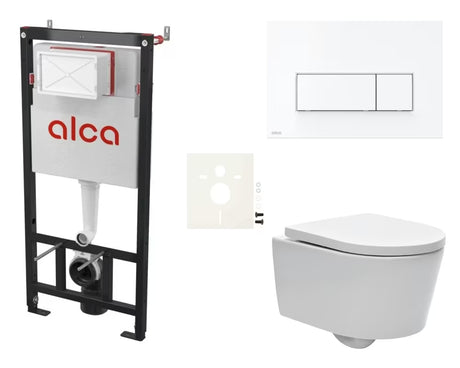 Pakabinami WC komplektas SAT Brevis su prie sienos montuojamu moduliu Alca, mygtuku, sėdyne softclose ir EasyLock.