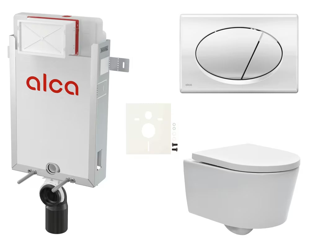 Pakabinami WC komplektas SAT Brevis su įmūrijamu moduliu Alca, mygtuku, garso izoliacijos įdėklu ir sėdyne softclose