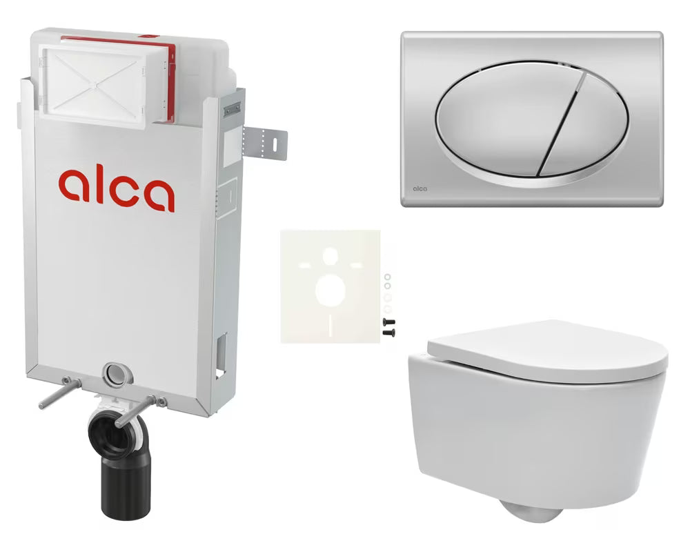 Pakabinami WC komplektas SAT Brevis su potinkiniu bakeliu Alca, nuleidimo mygtuku ir sėdyne su softclose