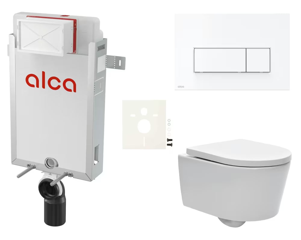 Pakabinami WC komplektas SAT Brevis su potinkiniu moduliu Alca, nuleidimo mygtuku ir sėdyne su softclose funkcija.