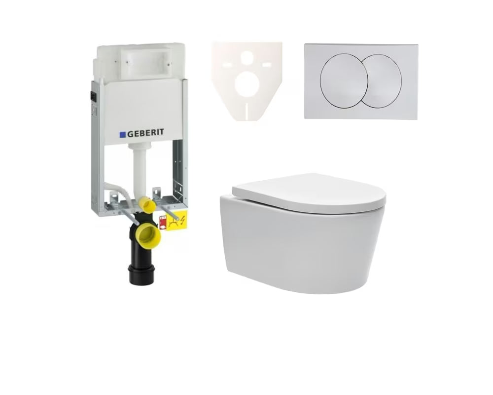 Pakabinami WC komplektas SAT Brevis su potinkiniu bakeliu Geberit ir nuleidimo mygtuku