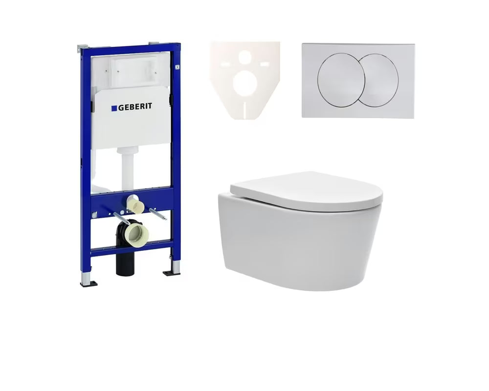 Pakabinami WC komplektas SAT Brevis su potinkiniu moduliu Geberit Duofix, nuleidimo mygtuku ir sėdyne softclose EasyLock