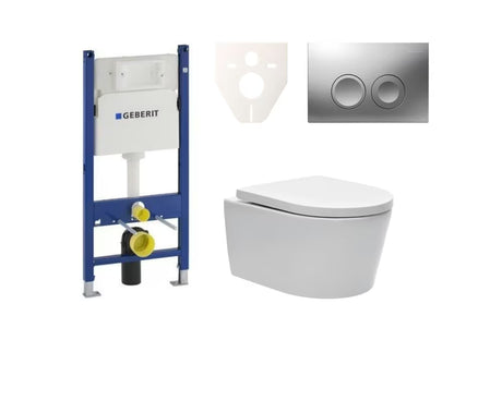 Pakabinami WC komplektas SAT Brevis su montavimo moduliu ir bakeliu Geberit Delta pro potinkinei montavimo sistemai.
