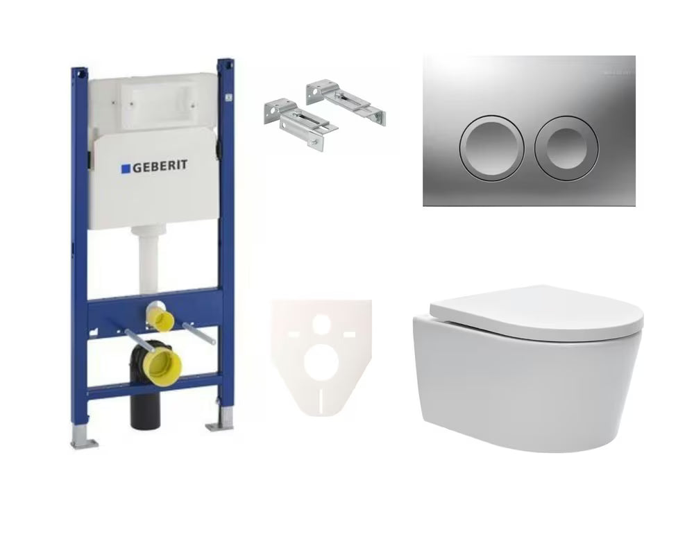 Pakabinami WC komplektas SAT Brevis su potinkiniu bakeliu Geberit Delta ir baltu nuleidimo mygtuku