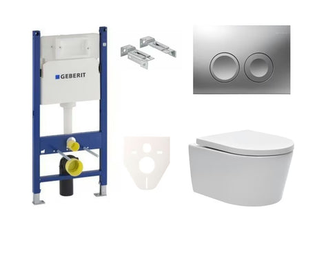 Pakabinami WC komplektas SAT Brevis su potinkiniu bakeliu Geberit Delta ir baltu nuleidimo mygtuku