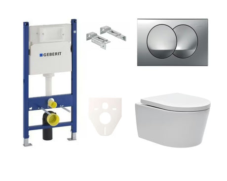 Pakabinami WC komplektas SAT Brevis su montavimo moduliu Geberit ir chromo spalvos nuleidimo mygtuku.
