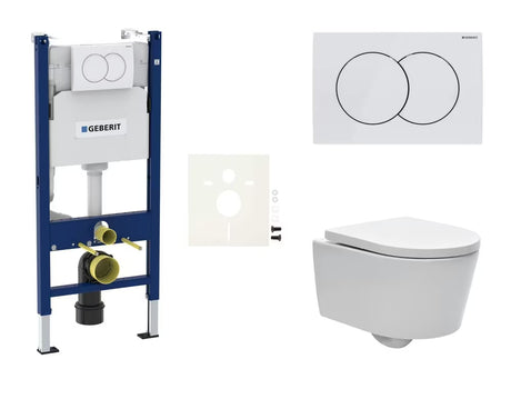 Pakabinami WC komplektas SAT Brevis su moduliu Geberit, Rimless dubeniu ir sėdyne softclose su baltu mygtuku Delta