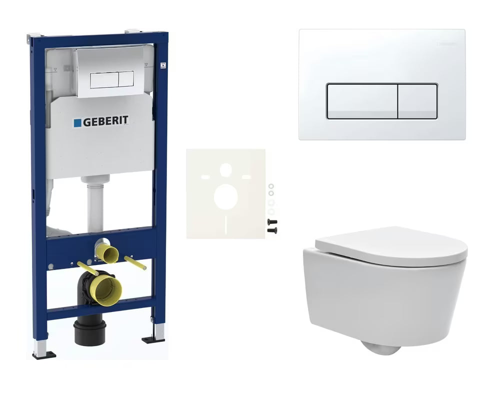 Pakabinami WC komplektas SAT Brevis su Geberit moduliu Duofix ir baltu blizgiu valdymo mygtuku