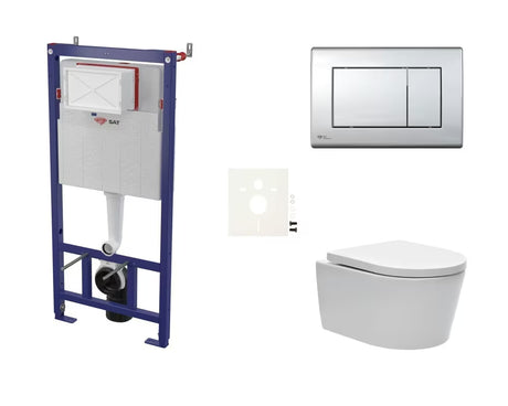 Pakabinami WC komplektas SAT Brevis su potinkiniu moduliu, nuleidimo mygtuku blizgaus chromo spalvos ir sėdyne softclose