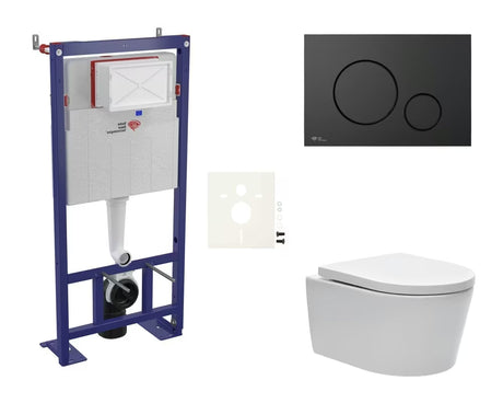 Pakabinami WC komplektas SAT Brevis su potinkiniu moduliu, juodu matiniu mygtuku ir KLOZETAS su sėdyne softclose