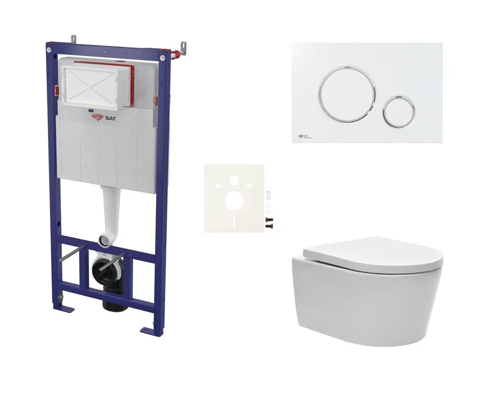 Pakabinami WC komplektas SAT Brevis su potinkiniu bakeliu, nuleidimo mygtuku ir sėdyne su softclose ir EasyLock funkcijomis.