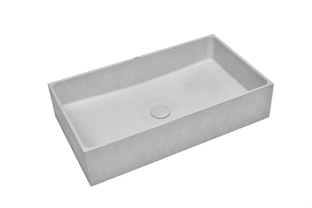 Pilkas betoninis pastatomas ant stalviršio praustuvas SAT Cemento 64 x 37 cm, stačiakampės formos be perpylimo
