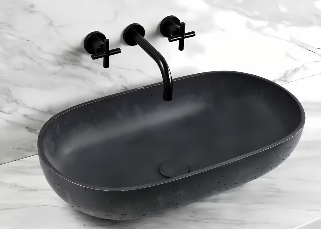 Antracito spalvos betoninis pastatomas ant stalviršio praustuvas SAT Cemento 65x35 cm plonomis sienelėmis