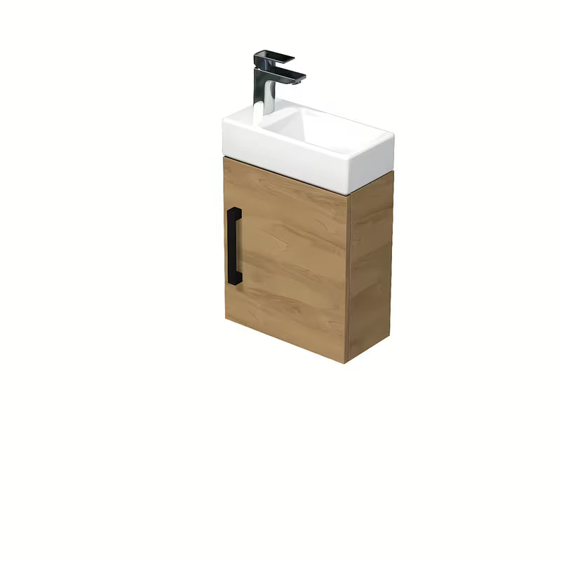 Pakabinama vonios spintelė SAT Cube Way su keraminiu praustuvėliu ąžuolo dekoro hickory ir juoda rankenėle.