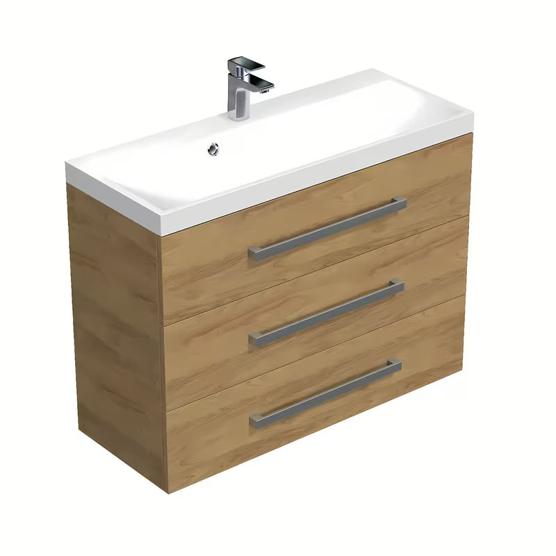 Pakabinama vonios spintelė su praustuvu SAT Cube Way ąžuolo dekoro hickory, 100x71x40 cm.